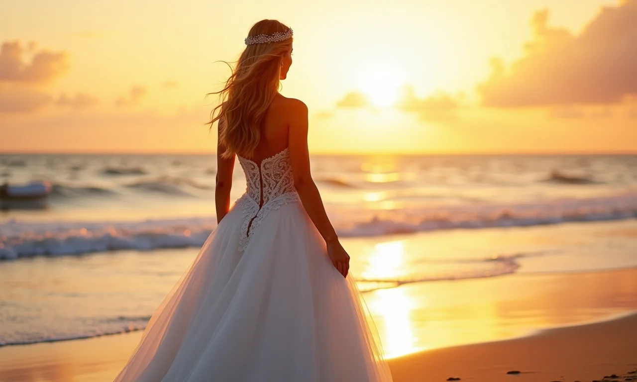 Noiva com vestido de princesa em casamento na praia ao pôr do sol.