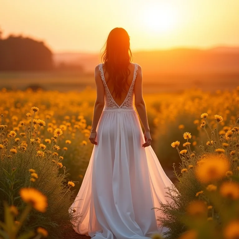 Noiva com vestido fluido em campo florido