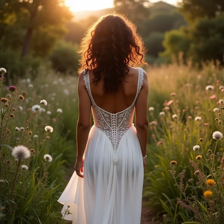 Noiva com vestido rústico elegante caminhando em jardim secreto.