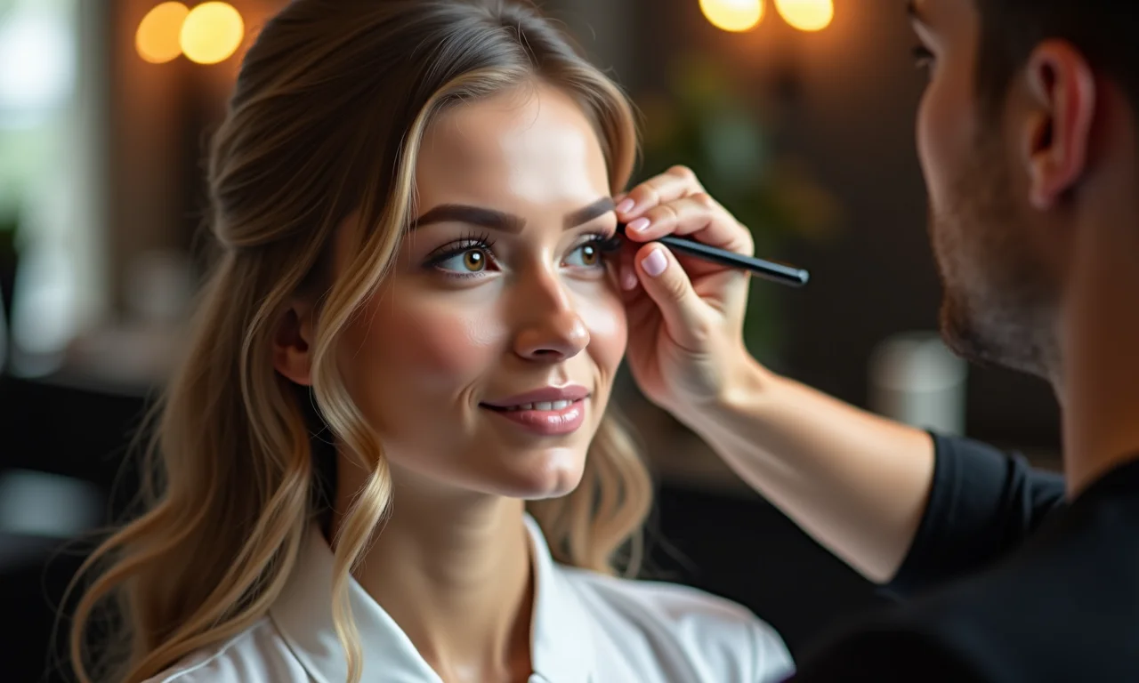 Noiva consultando especialista em design de sobrancelhas em salão.