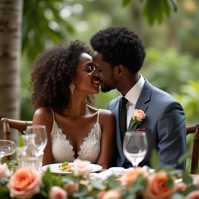 Noiva de cabelo cacheado e noivo negro em momento romântico perto de mesa de convidados sem toalha.