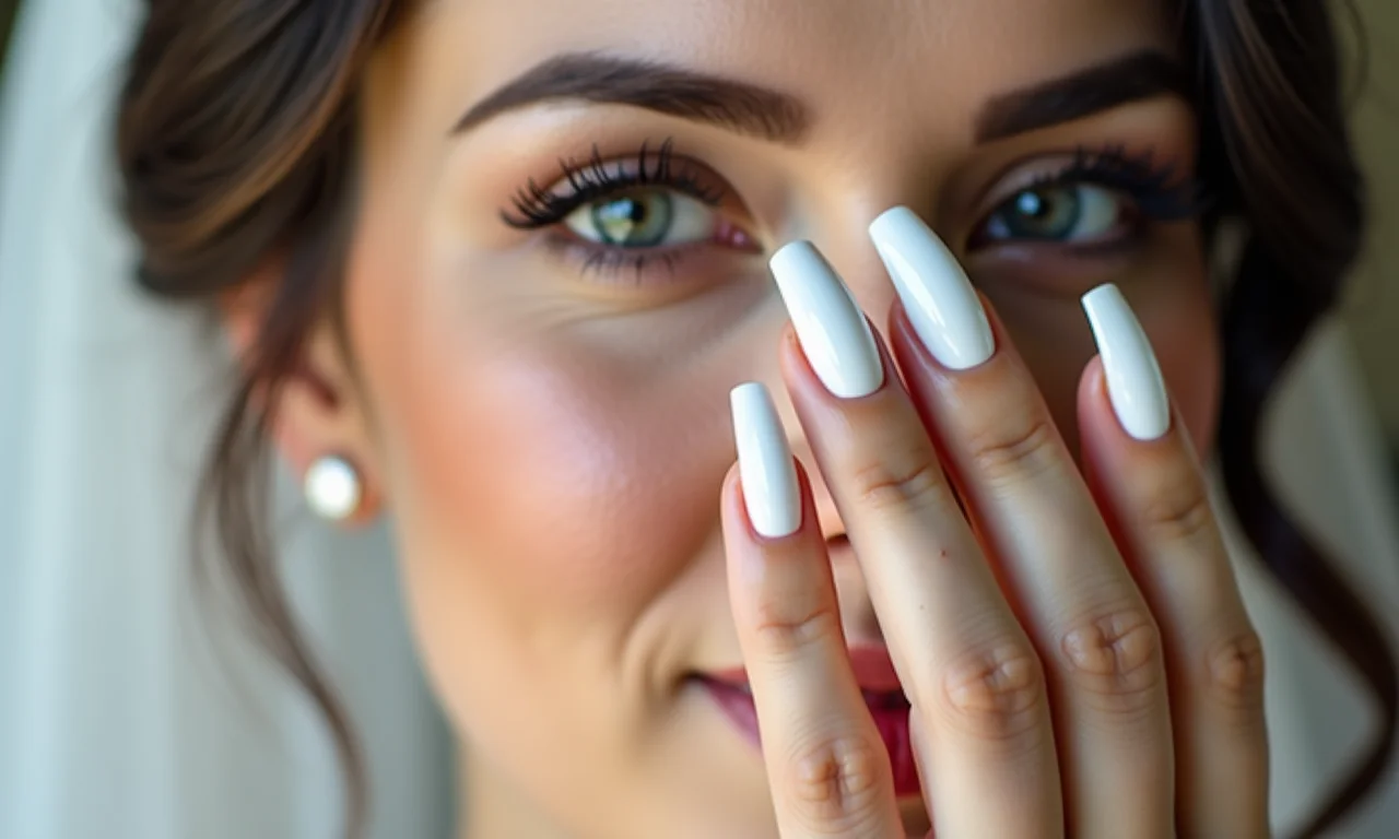 Noiva de pele clara escolhendo tons de esmalte branco para sua francesinha.