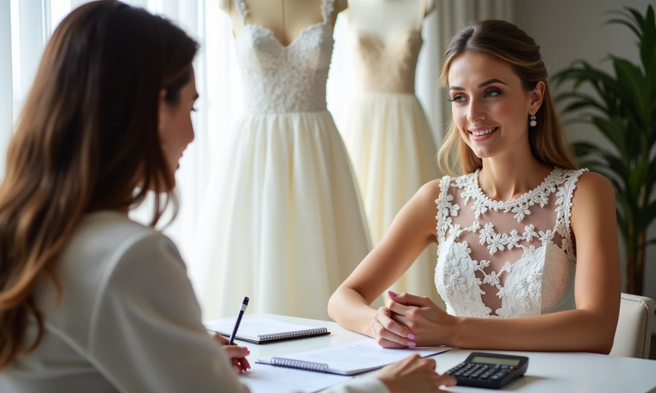 Noiva discutindo orçamento de vestido com consultor.
