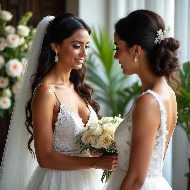 Noiva e designer de casamento discutindo opções de arranjos florais.