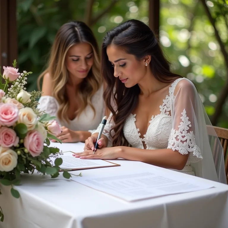 Noiva e fornecedor revisando um contrato de casamento detalhado.