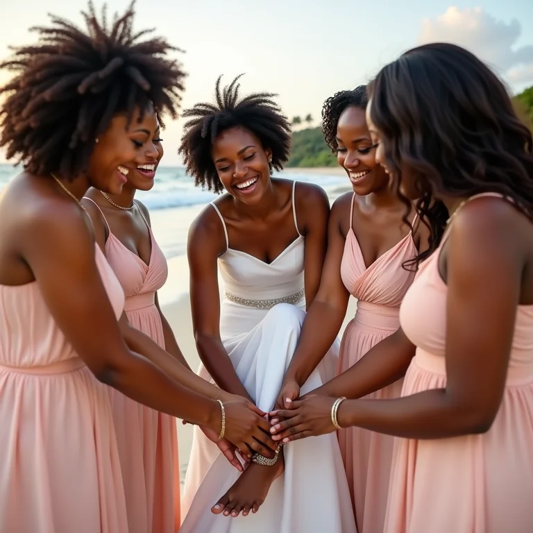 Noiva e madrinhas se divertindo ao colocar a tornozeleira