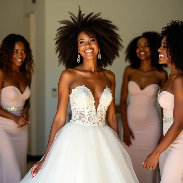 Noiva e madrinhas se divertindo em casamento com tema Carnaval de Veneza