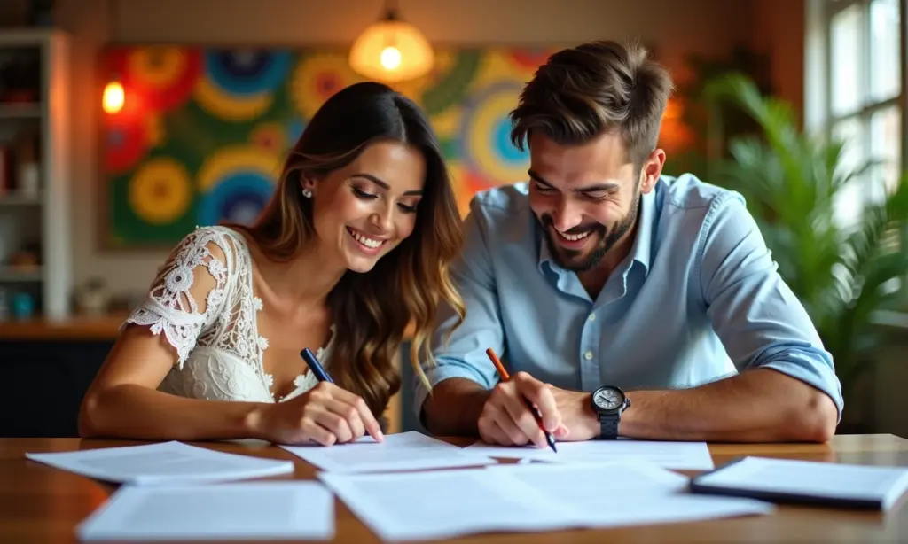 Noiva e noivo analisando referências de fornecedores de casamento em ambiente vibrante.