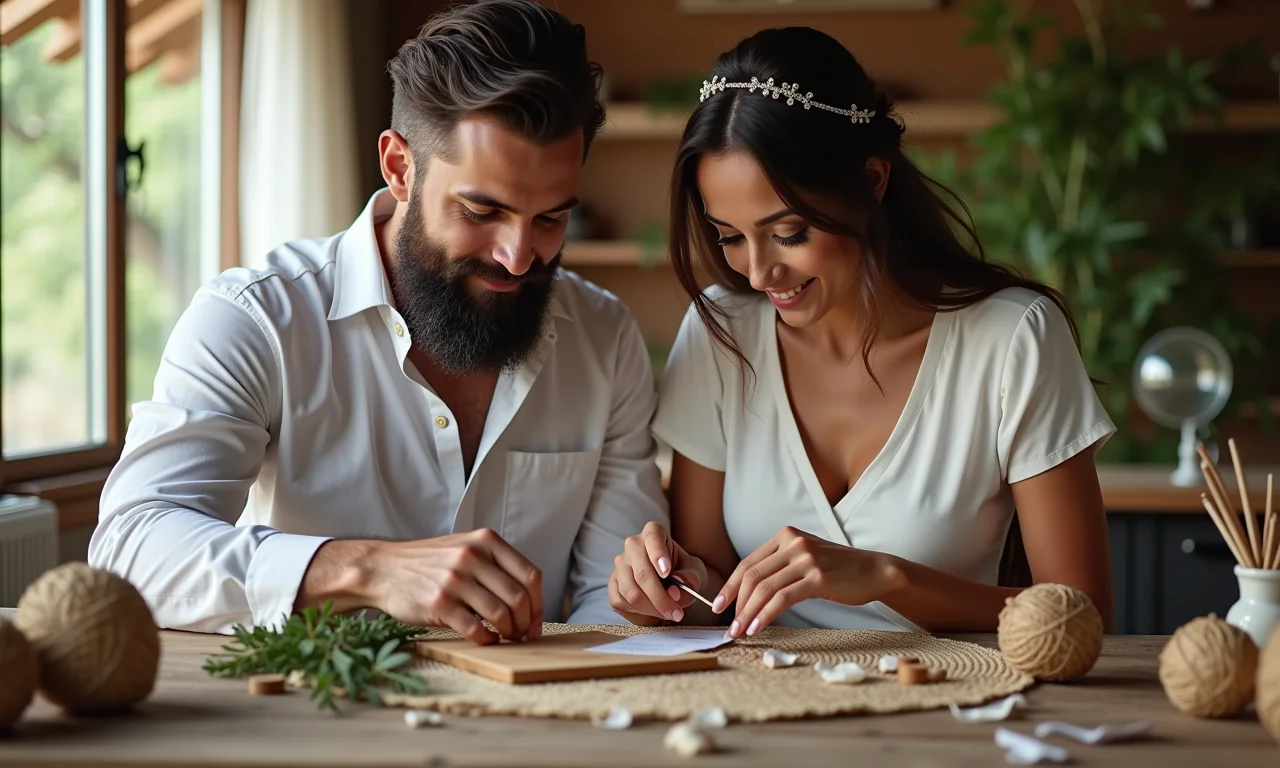 Noiva e noivo criando juntos decorações DIY para o casamento com elementos brasileiros.
