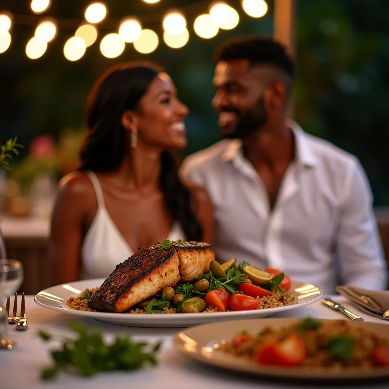 Noiva e noivo jantando peixe grelhado e vegetais em resort de praia.