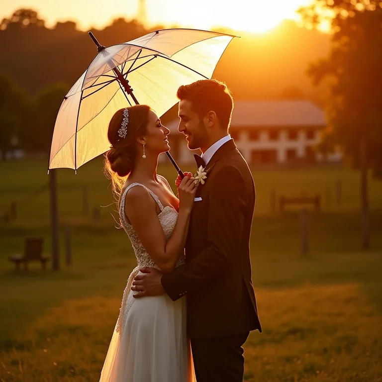 Noiva e noivo posando para foto com guarda-chuva transparente em uma fazenda histórica.