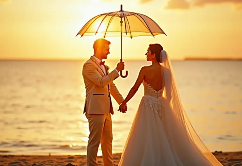 Noiva e noivo protegidos por guarda-chuva transparente na praia durante o pôr do sol.