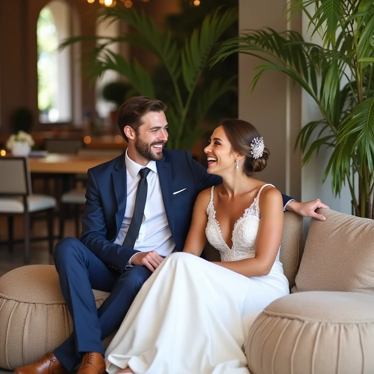 Noiva e noivo relaxando em pufes confortáveis na recepção do casamento