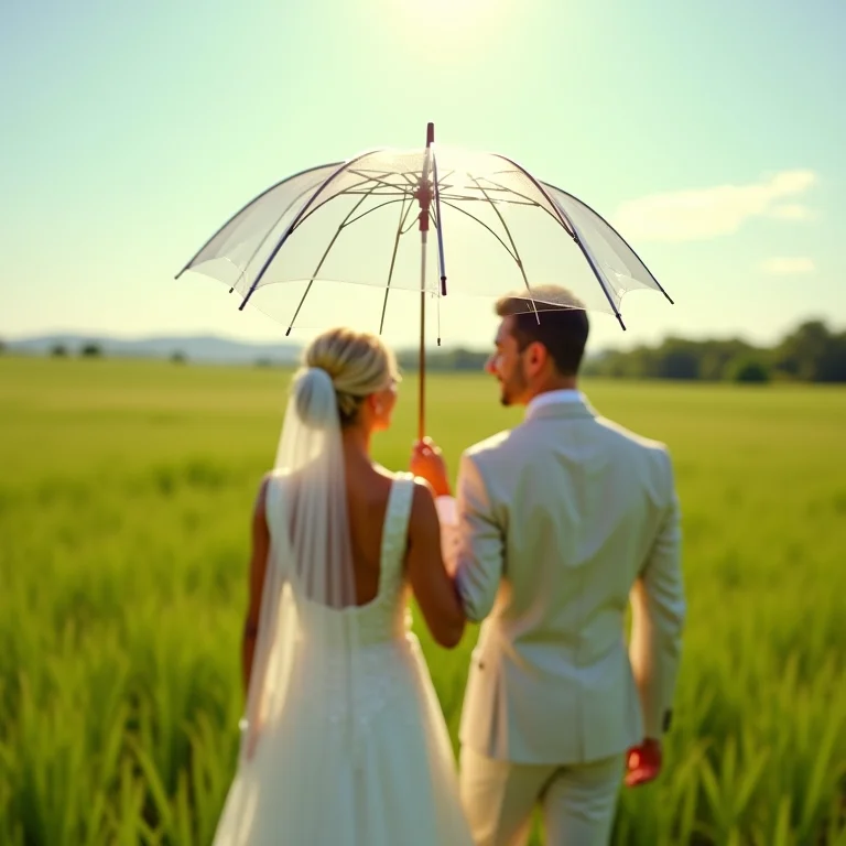 Noiva e noivo segurando um guarda-chuva transparente em formato de coração em um campo verde.