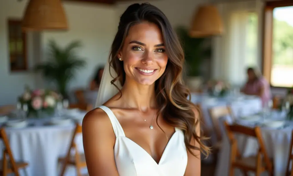 Noiva elegante em vestido branco simples para casamento civil.