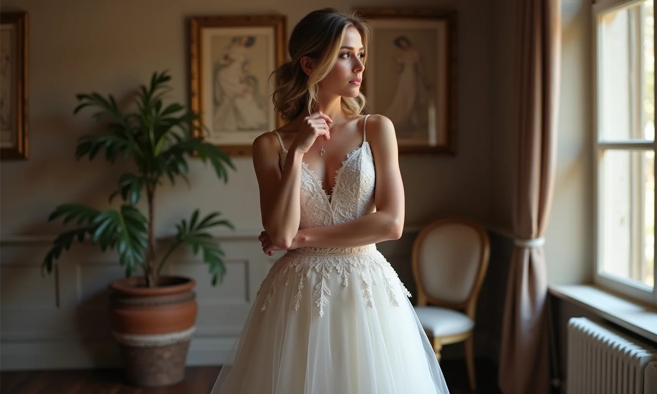 Noiva elegante refletindo sobre as vantagens de escolher um vestido de noiva midi.