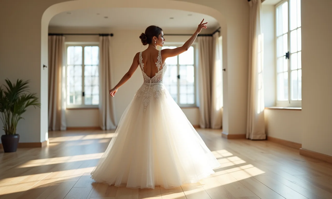 Noiva em vestido de noiva ensaiando a dança.