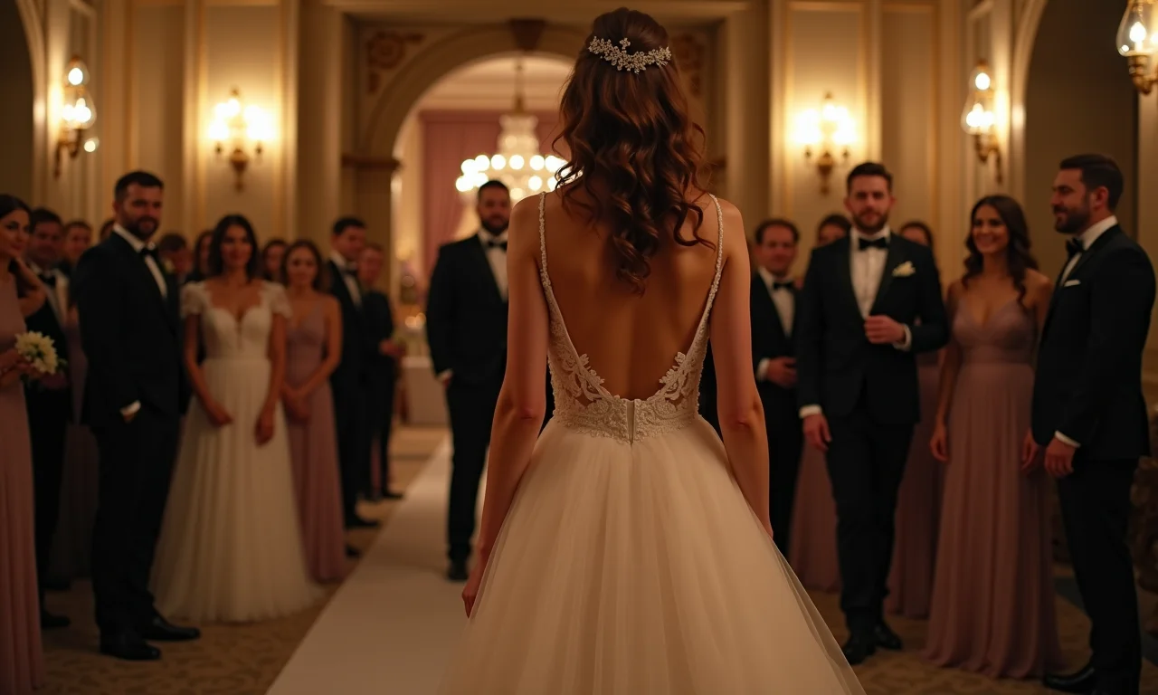 Noiva em vestido de noiva midi em um casamento noturno elegante.