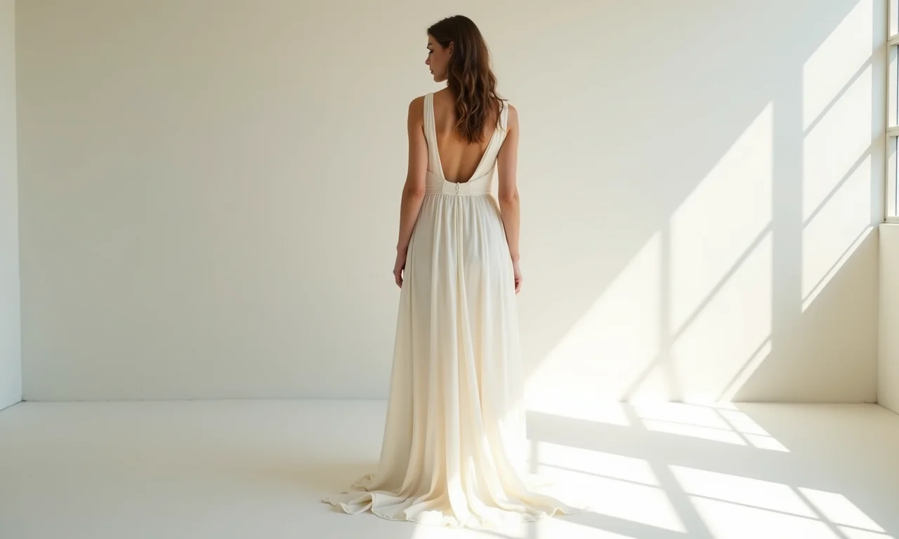Noiva em vestido de noiva midi simples, em um ambiente minimalista com linhas limpas.