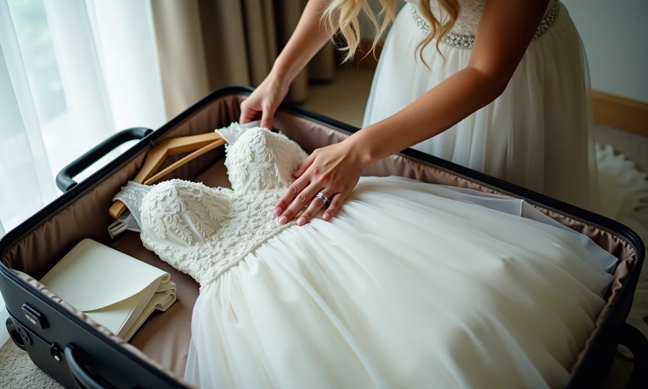 Noiva embalando vestido de noiva para viagem.