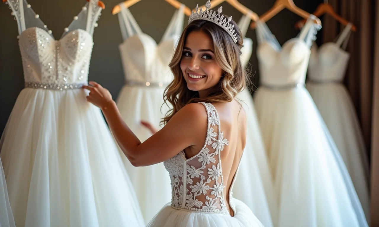 Noiva experimentando diferentes vestidos de princesa com designs únicos.
