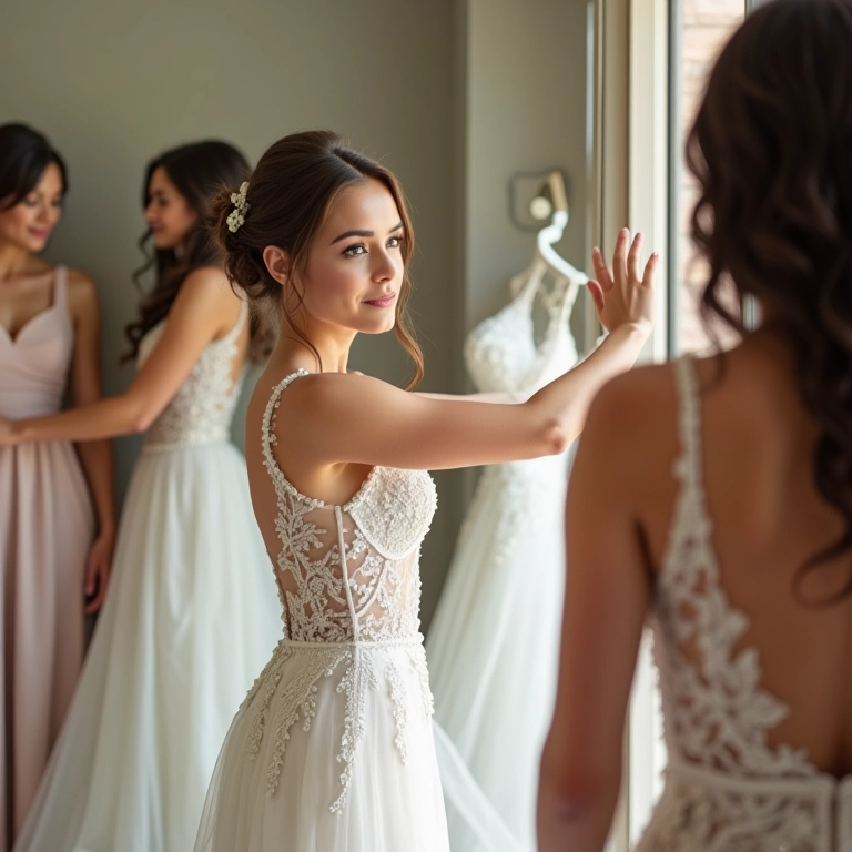 Noiva experimentando vestido em boutique com amigas.
