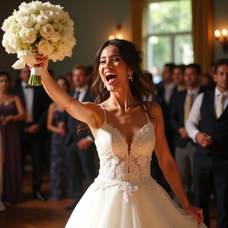 Noiva jogando buquê redondo em recepção de casamento.