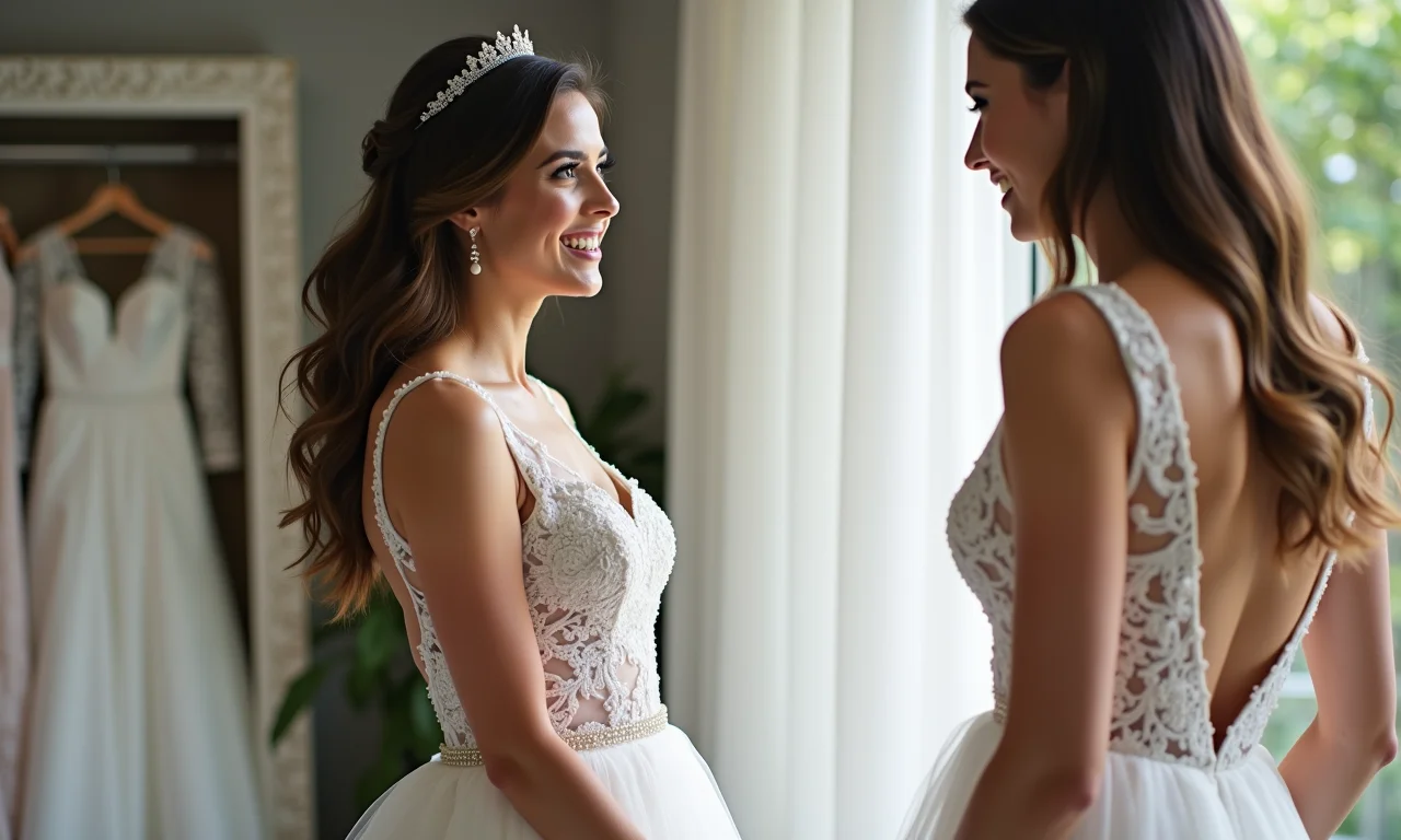 Noiva mostrando o vestido de noiva para a cerimonialista.