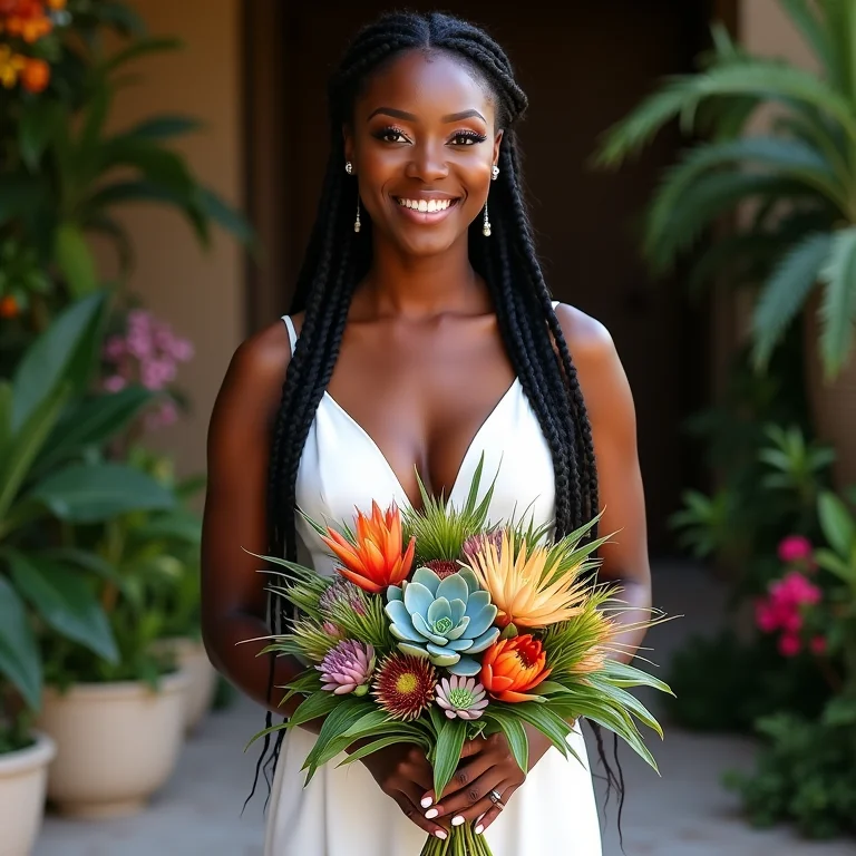Noiva negra segurando buquê exótico de suculentas em casamento moderno