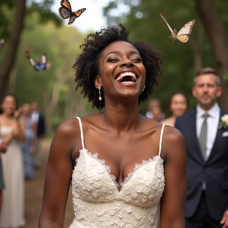 Noiva negra soltando borboletas durante a cerimônia de casamento.