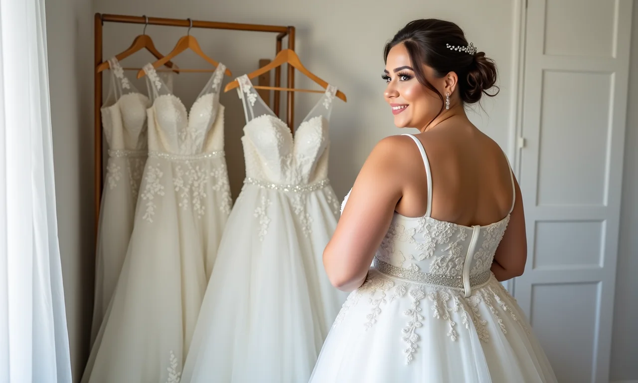 Noiva plus size experimentando vestido de princesa que valoriza suas curvas.