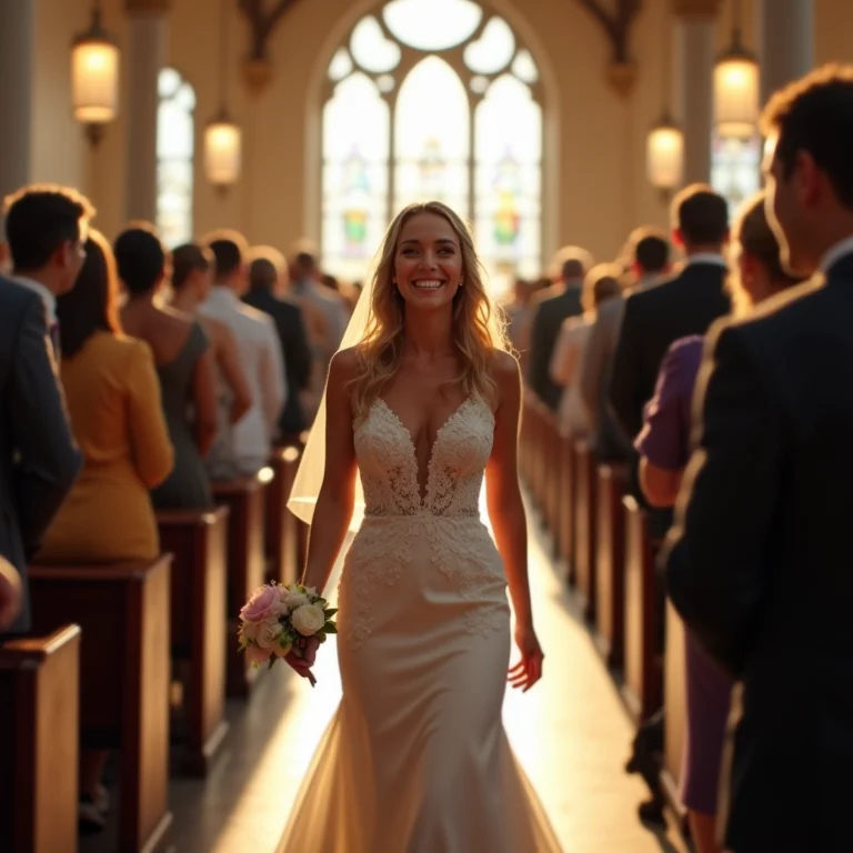 Noiva radiante caminhando até o altar ao som do saxofone em igreja histórica
