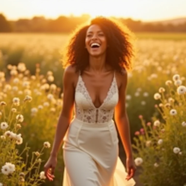 Noiva radiante em campo florido ao pôr do sol