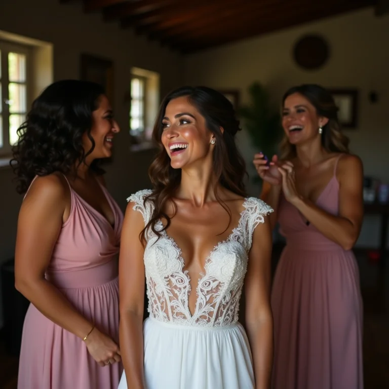 Noiva se arrumando com suas madrinhas em uma fazenda com decoração rústica