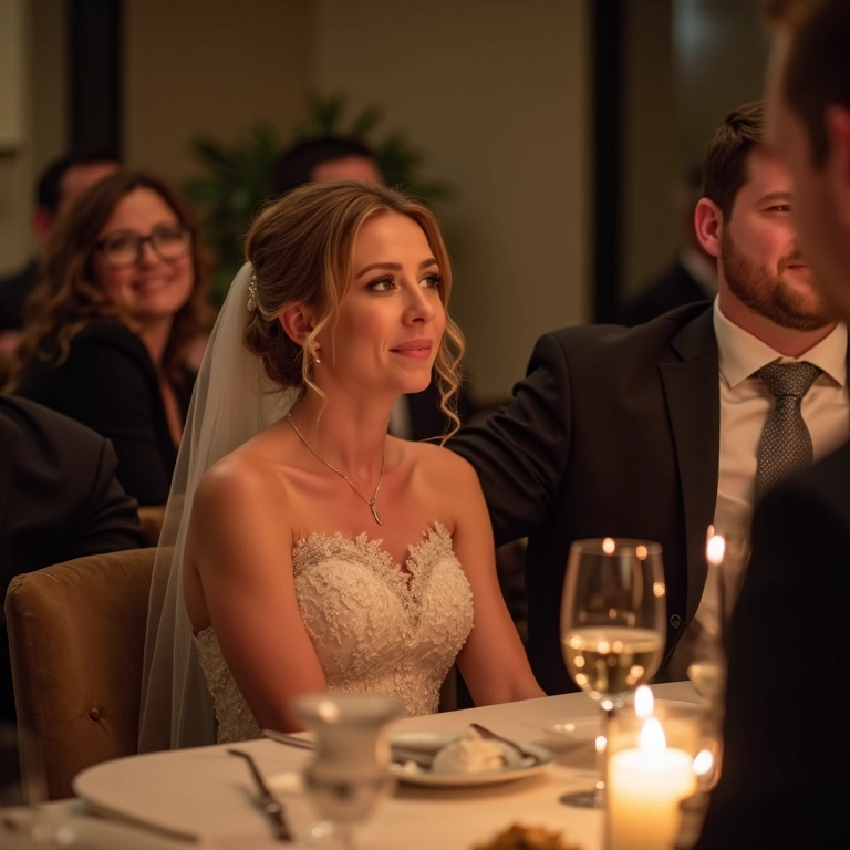 Noiva se emocionando durante o brinde com o noivo ao lado.