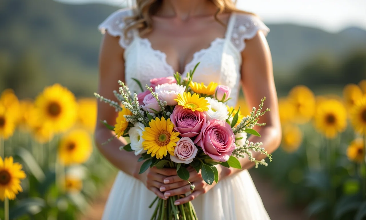 Noiva segurando buquê de flores da estação em casamento ao ar livre.