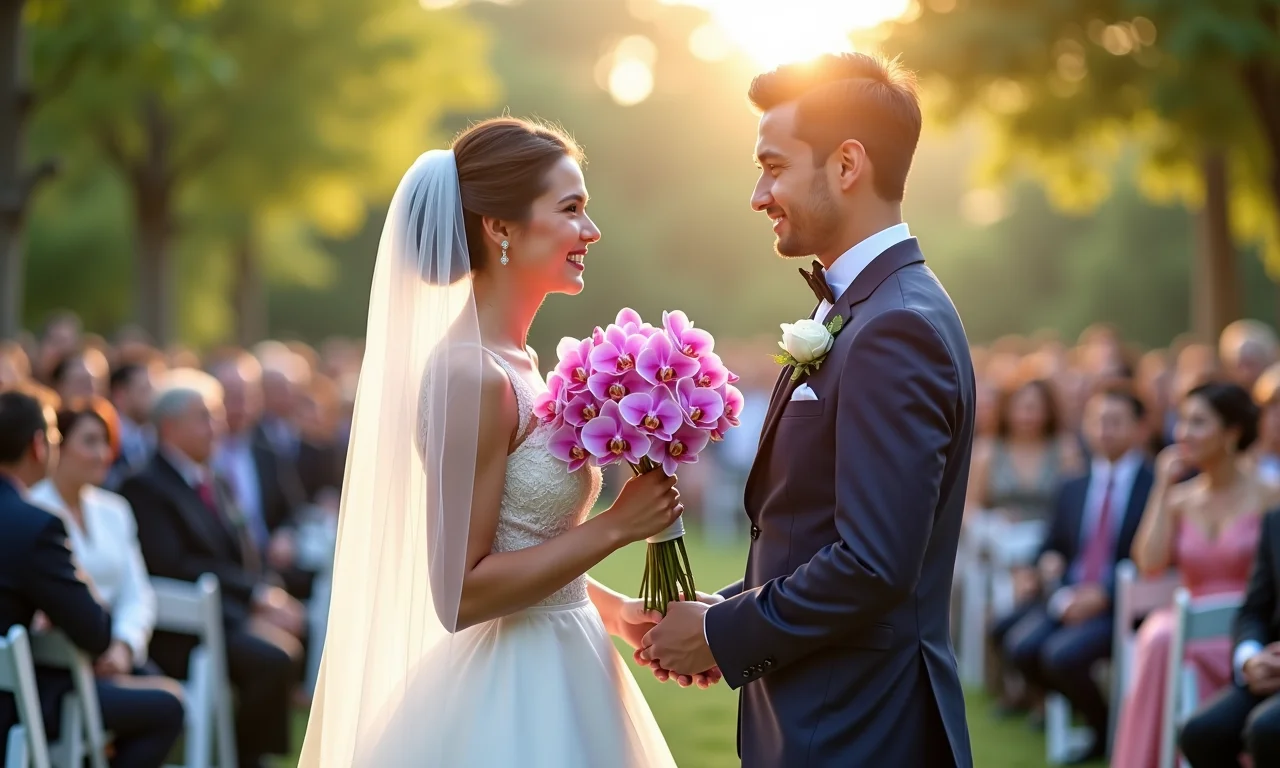 Noiva segurando buquê de orquídeas em casamento ao ar livre.