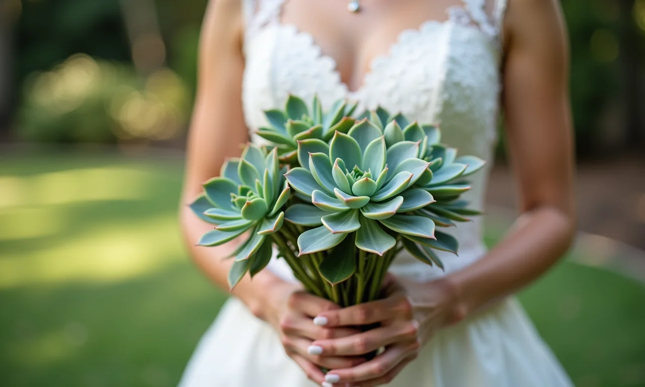 Noiva segurando buquê de suculentas em casamento ao ar livre.