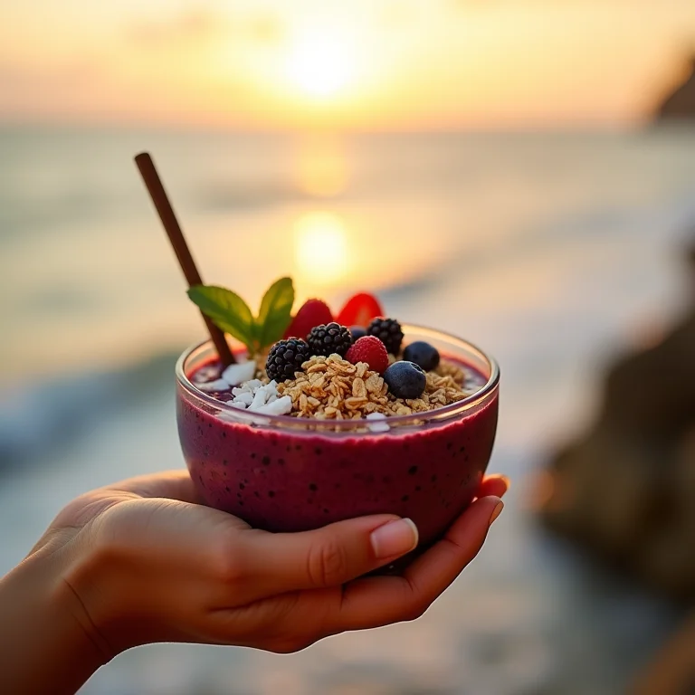 Noiva segurando tigela de açaí com granola e frutas.