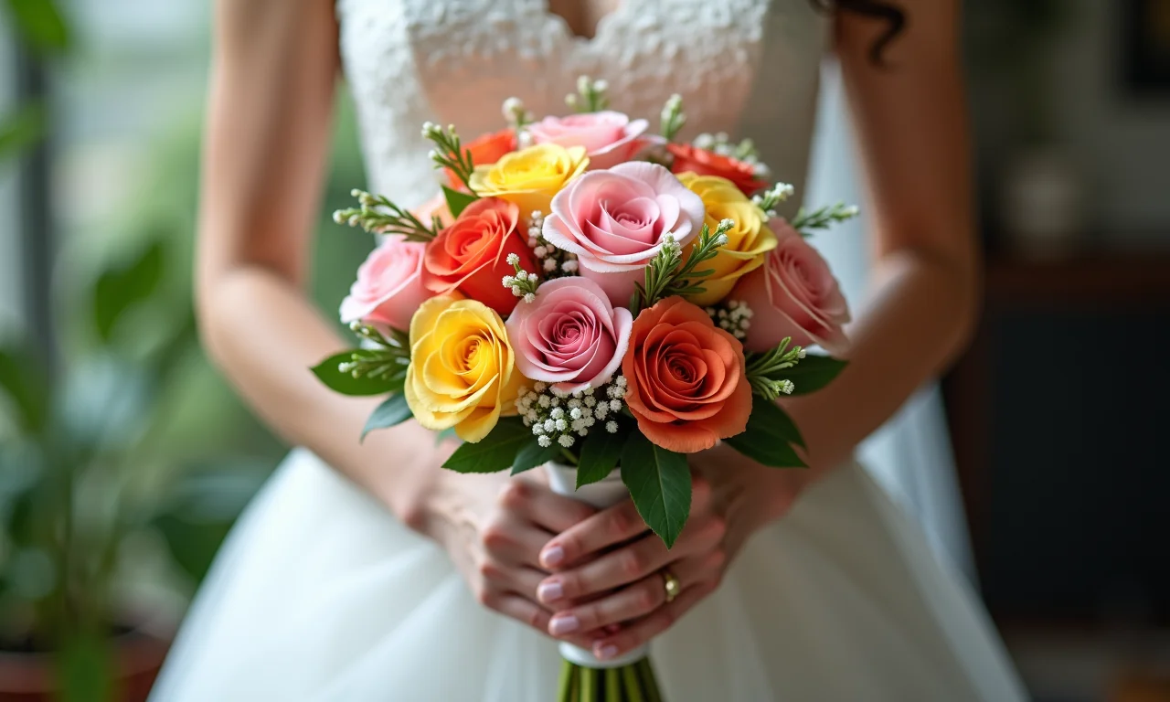 Noiva segurando um buquê de noiva decorado.