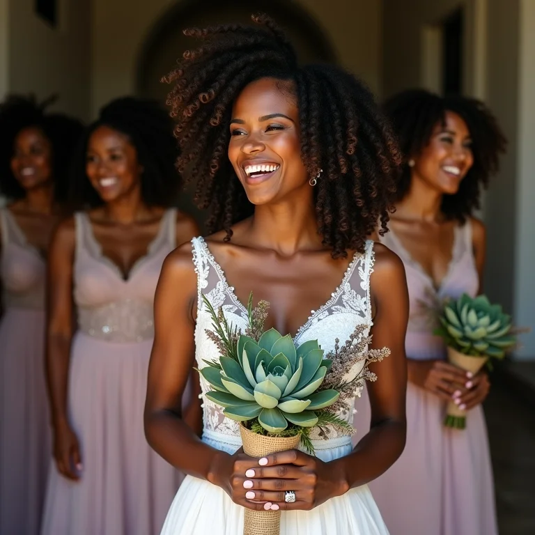 Noiva sorrindo com buquê rústico de suculentas em casamento na fazenda