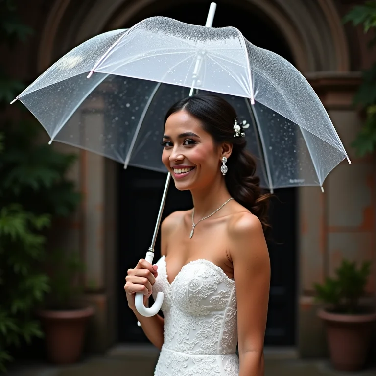 Noiva sorrindo protegida por um guarda-chuva transparente em frente a uma igreja colonial.