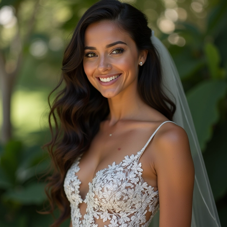 Noiva sorrindo usando vestido de noiva preto e branco.