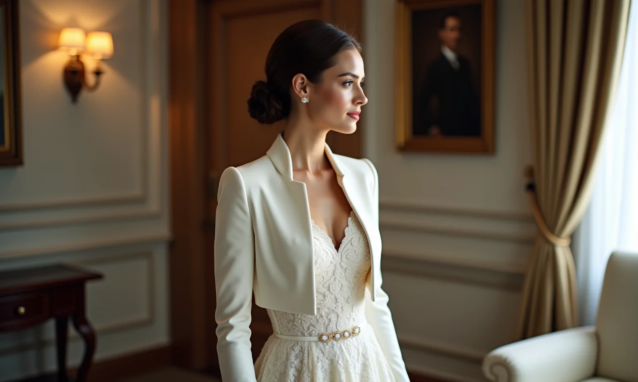 Noiva usando bolero com vestido de manga comprida.