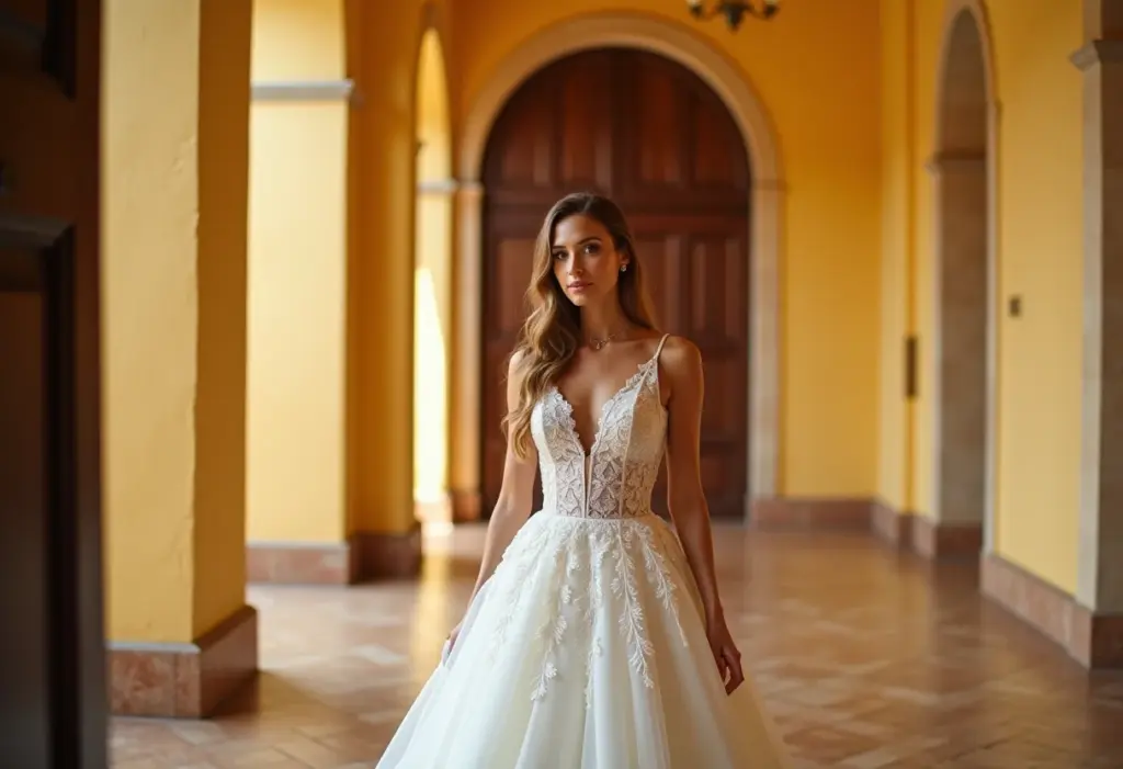 Noiva vestindo um deslumbrante vestido de noiva espanhol em igreja colonial brasileira.