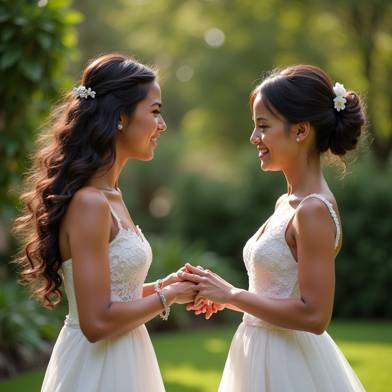 Noivas trocando alianças em cerimônia de casamento emocionante.