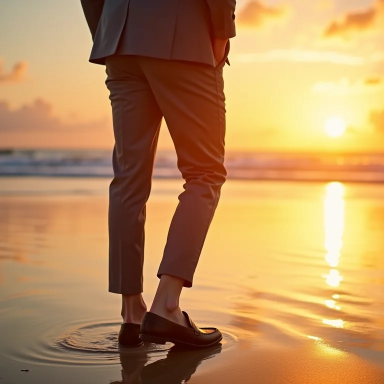 Noivo caminhando na praia ao pôr do sol usando Loafers.