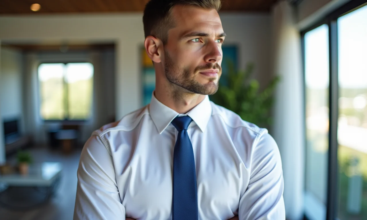 Noivo com gravata azul em camisa branca em apartamento moderno.