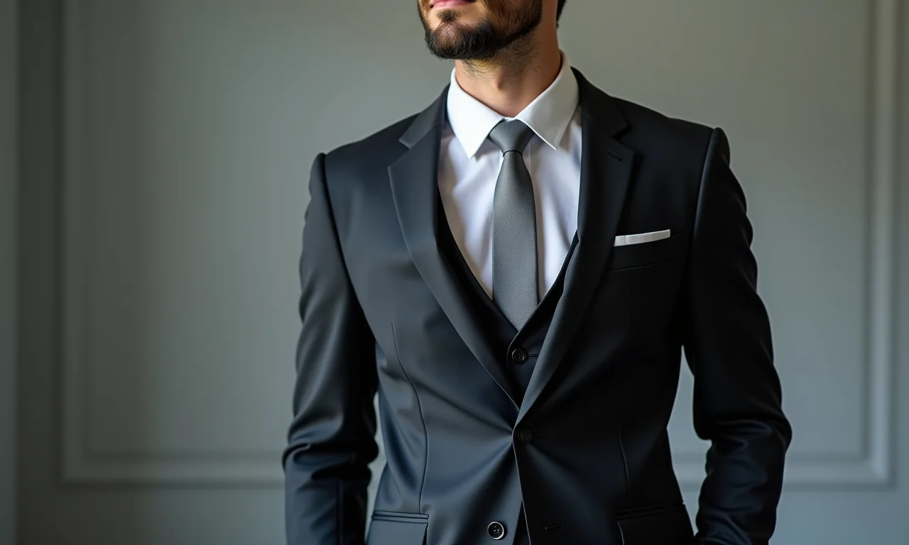 Noivo com gravata cinza em estúdio minimalista.