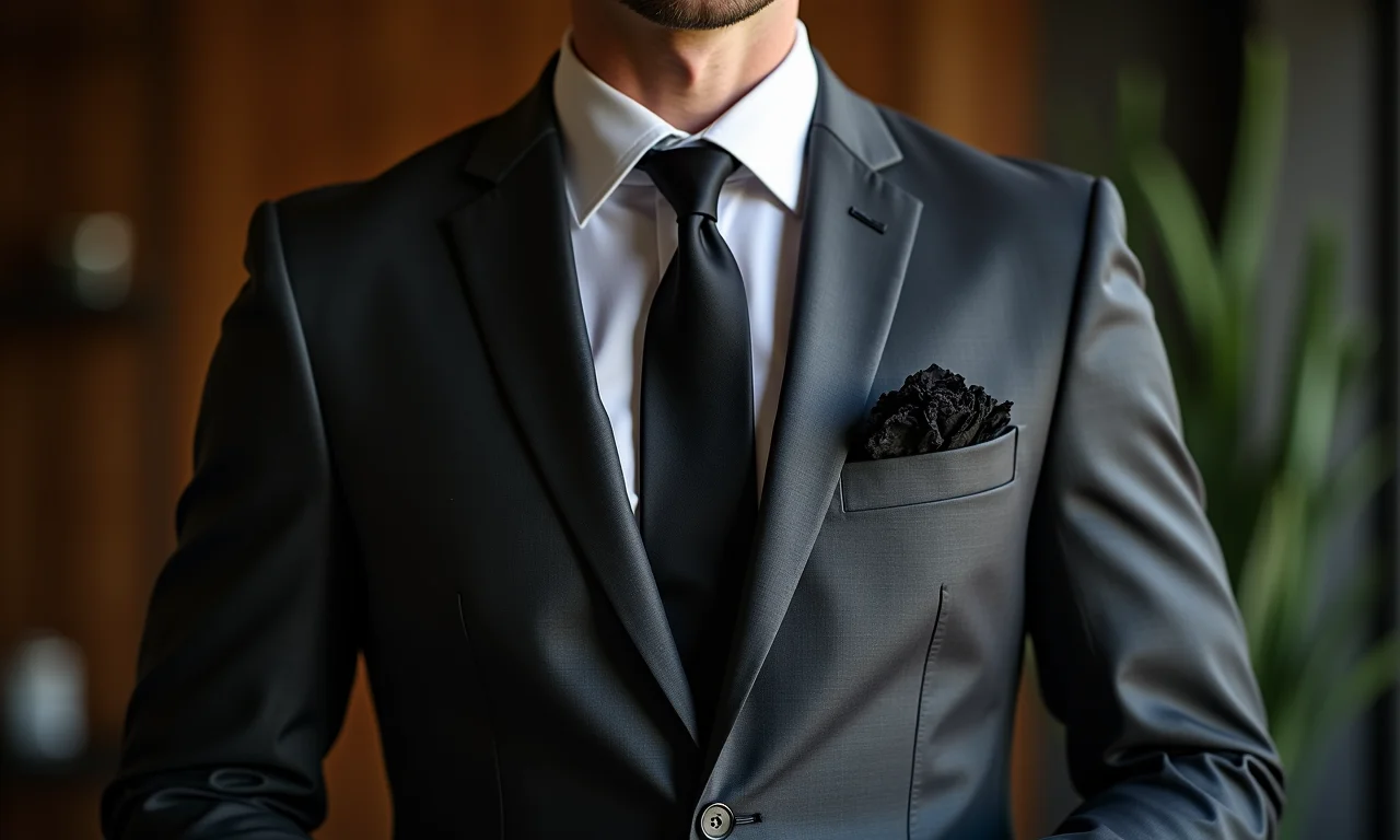 Noivo com traje cinza escuro, gravata e lenço pretos, em um casamento moderno.